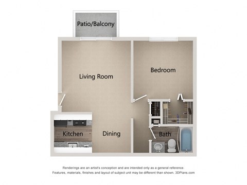 Floor plan for 1 bed, 1 bath, 618 sqft